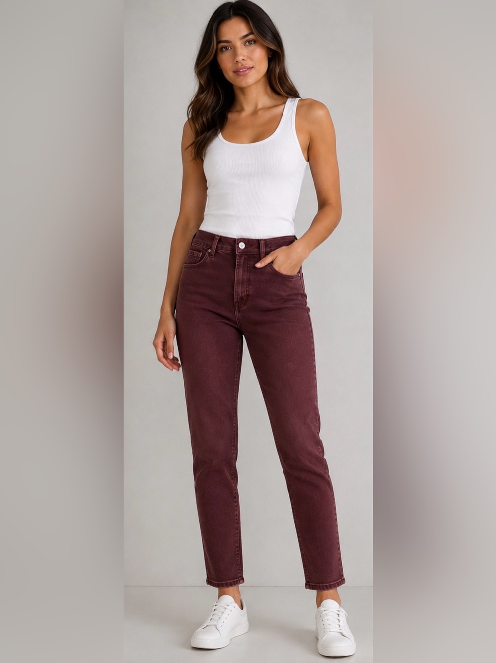 AMERICAN EAGLE OUTFITTERS || Mom High-Rise Straight Jeans in Burgundy. Sz. 2